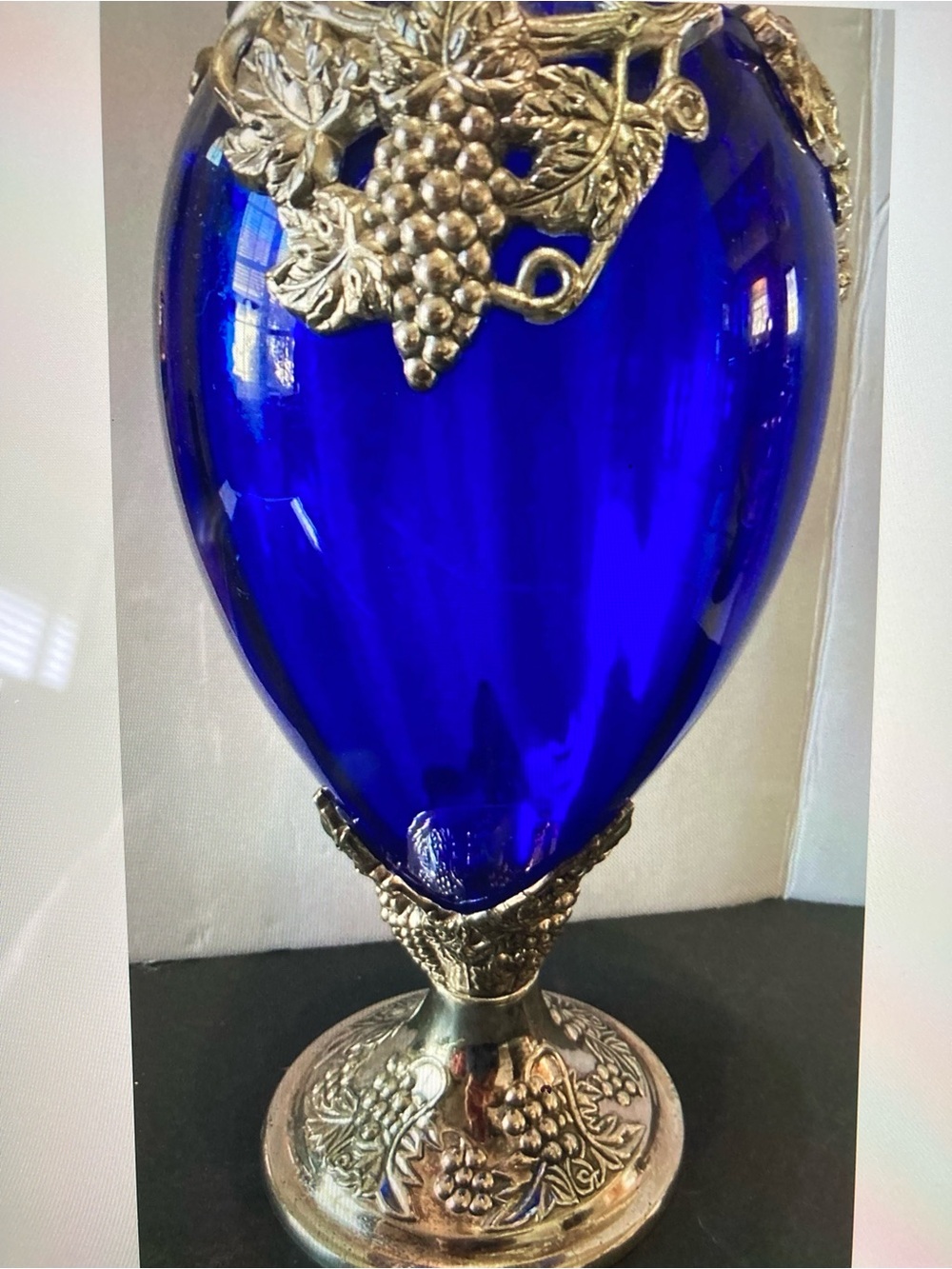 Cobalt Blue Glass Decorative Vase with Ornate Silver Accents